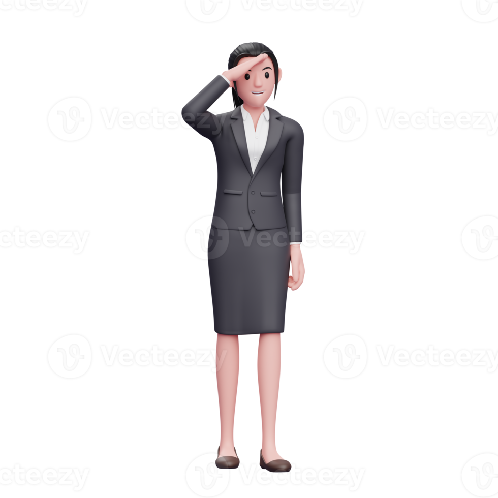 Femme d'affaires 3d portant des jupes noires et des blazers regardant au loin, illustration de personnage de femme d'affaires png