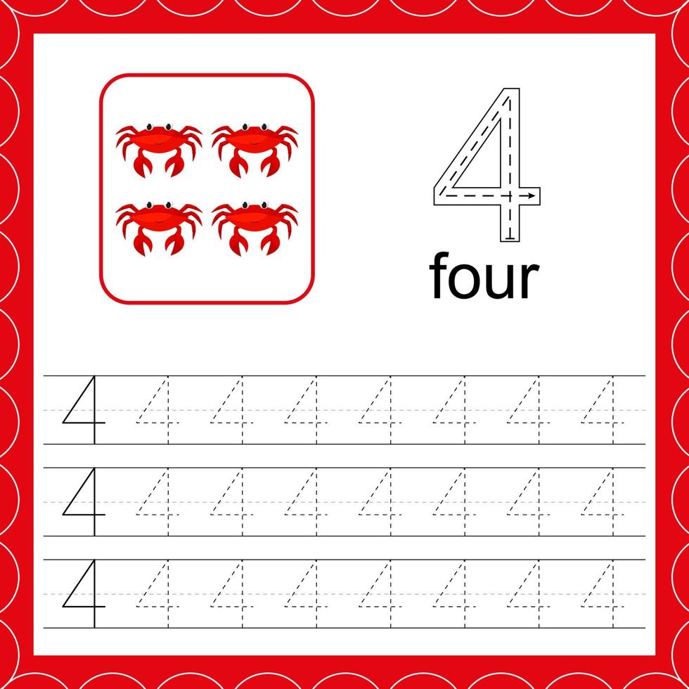 Cards with numbers for children. Trace the line. For kids learning to count and to write. Number four. Count crabs game. Educational maths worksheets vector