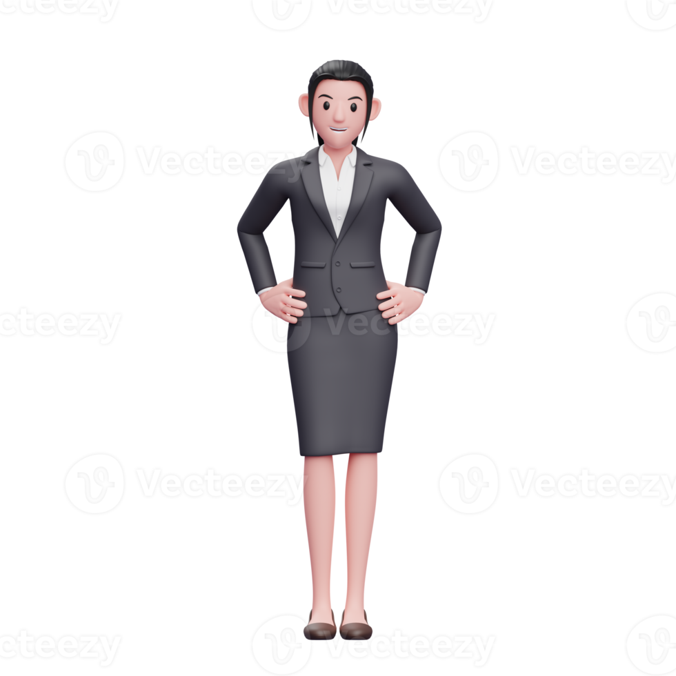 mulher de negócios vestindo terno de negócios com a mão na cintura, ilustração de personagem de mulher de negócios 3d png