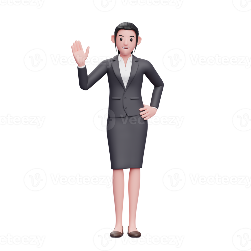 jolie femme portant un costume d'affaires disant bonjour, illustration de personnage de femme d'affaires 3d png