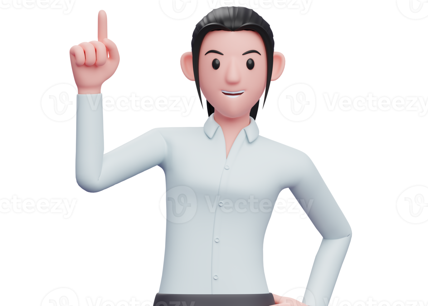 3d Business woman woman pointing up with index finger and one hand on waist, 3D render business woman character illustration png