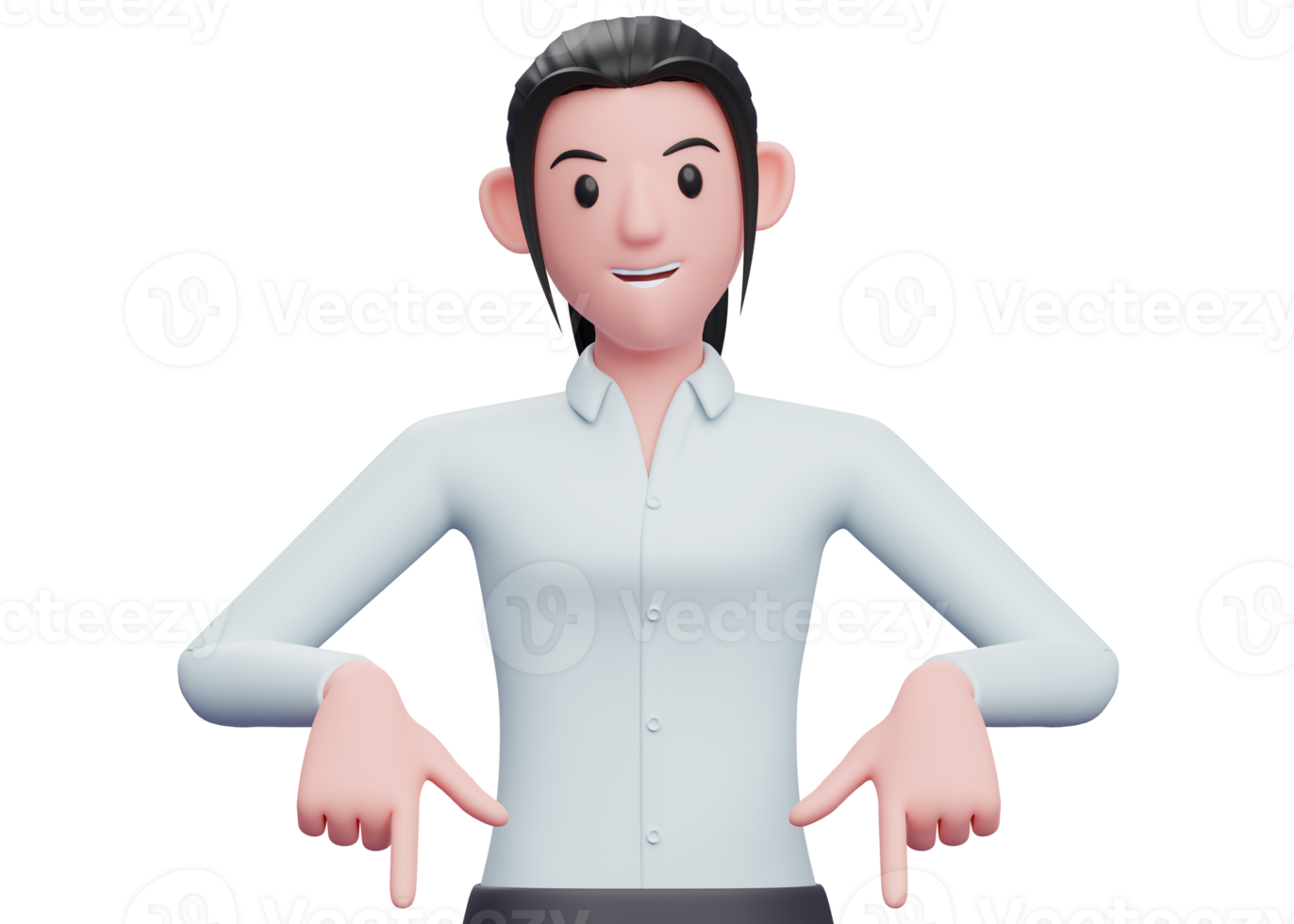 mujer de negocios 3d apuntando hacia abajo, ilustración de personaje de mujer de negocios representación 3d png