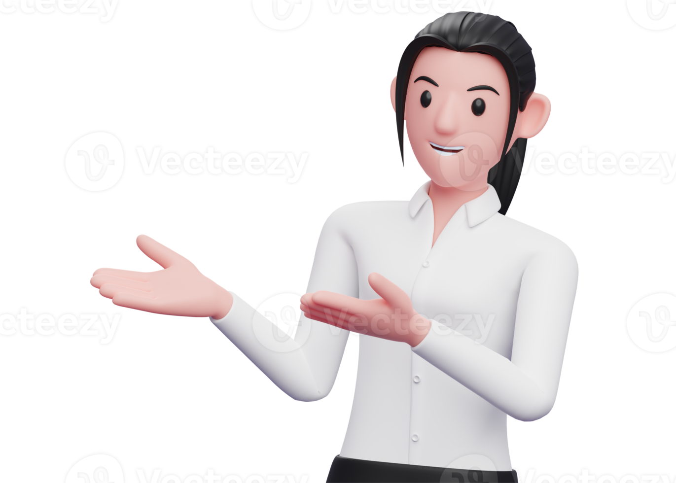 3d Business woman presenting pose open both hands to the side, business woman in white shirt character illustration 3D rendering png