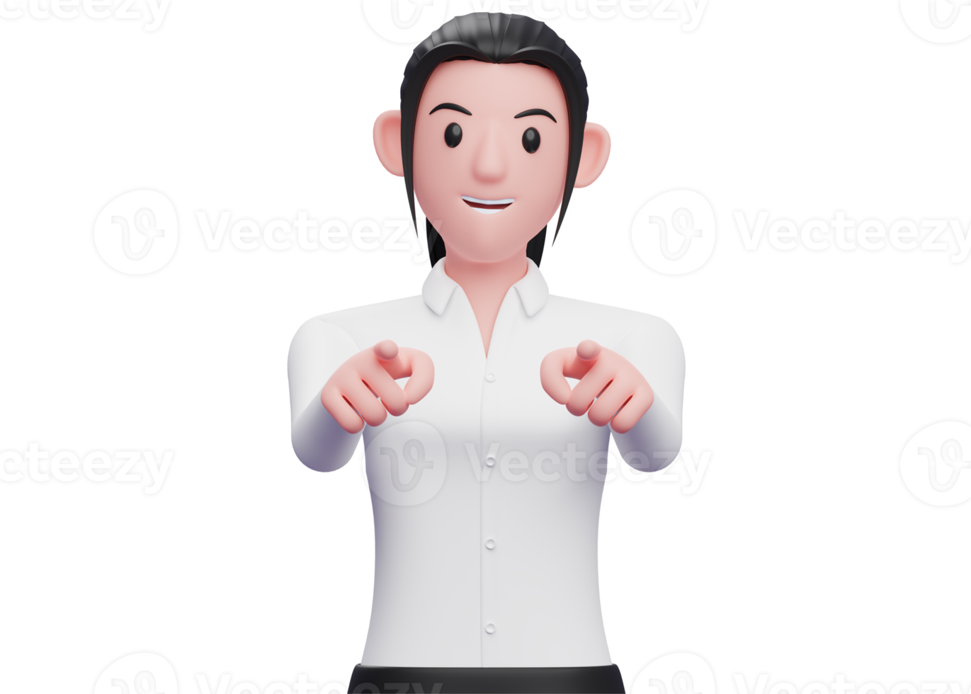 pretty Business woman in white shirt pointing to the camera, 3D render business woman character illustration png