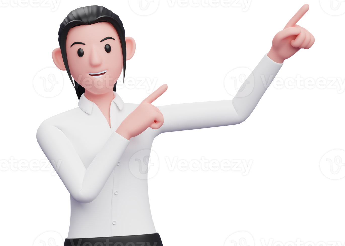 Business woman raising both hands pointing to the top right corner wearing white shirt, 3D render business woman character illustration png