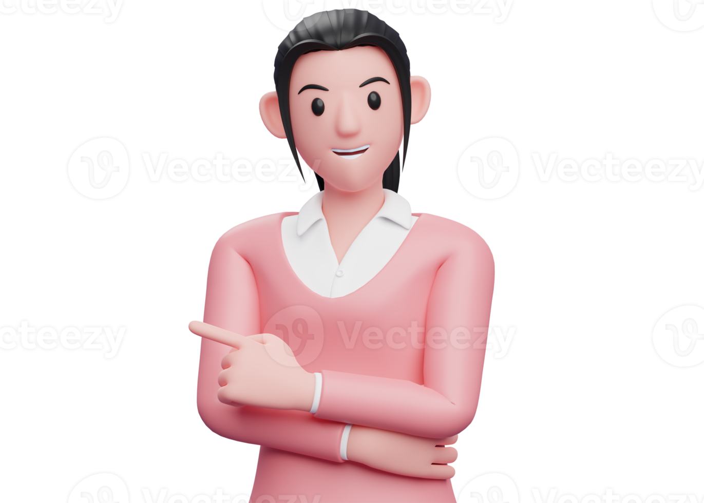 linda chica en suéter rosa apuntando con el dedo a la izquierda y la mano cruzada en el pecho, ilustración de personaje de mujer de negocios de render 3d png