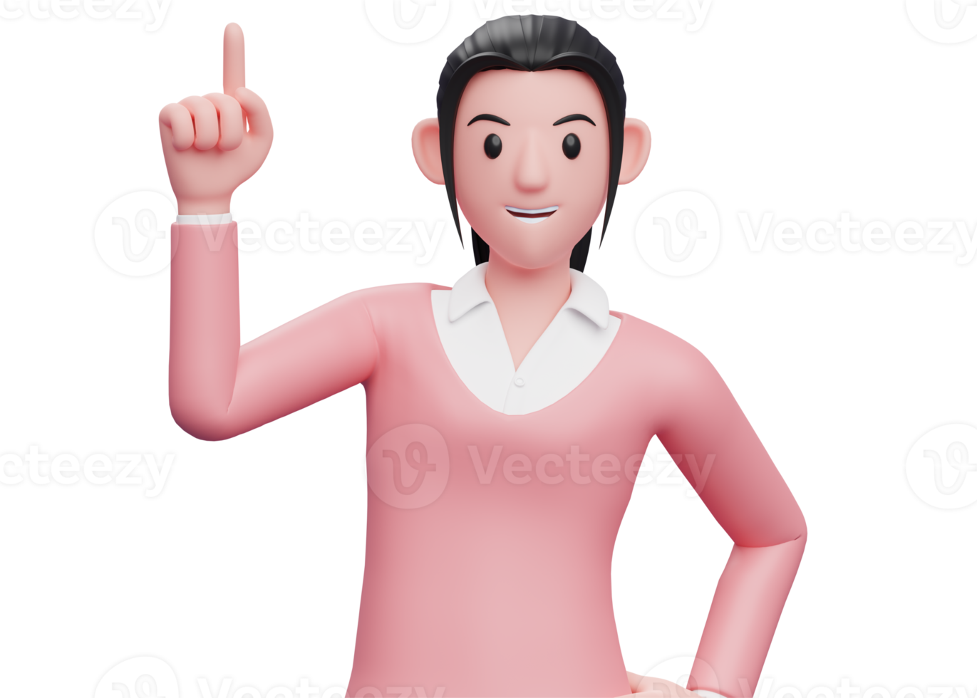 close-up van lief meisje in roze trui die omhoog wijst met wijsvinger, 3d render meisje wijzend op illustratie png