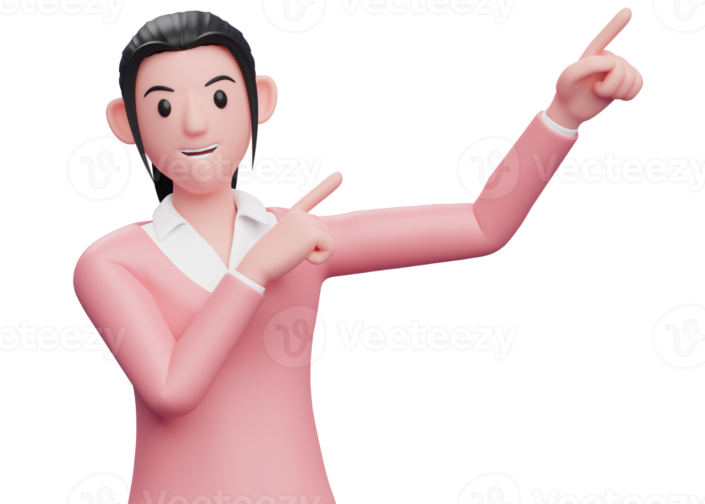 3d sweet girl in pink sweater raising both hands pointing to the top right corner, 3D render sweet girl character illustration png