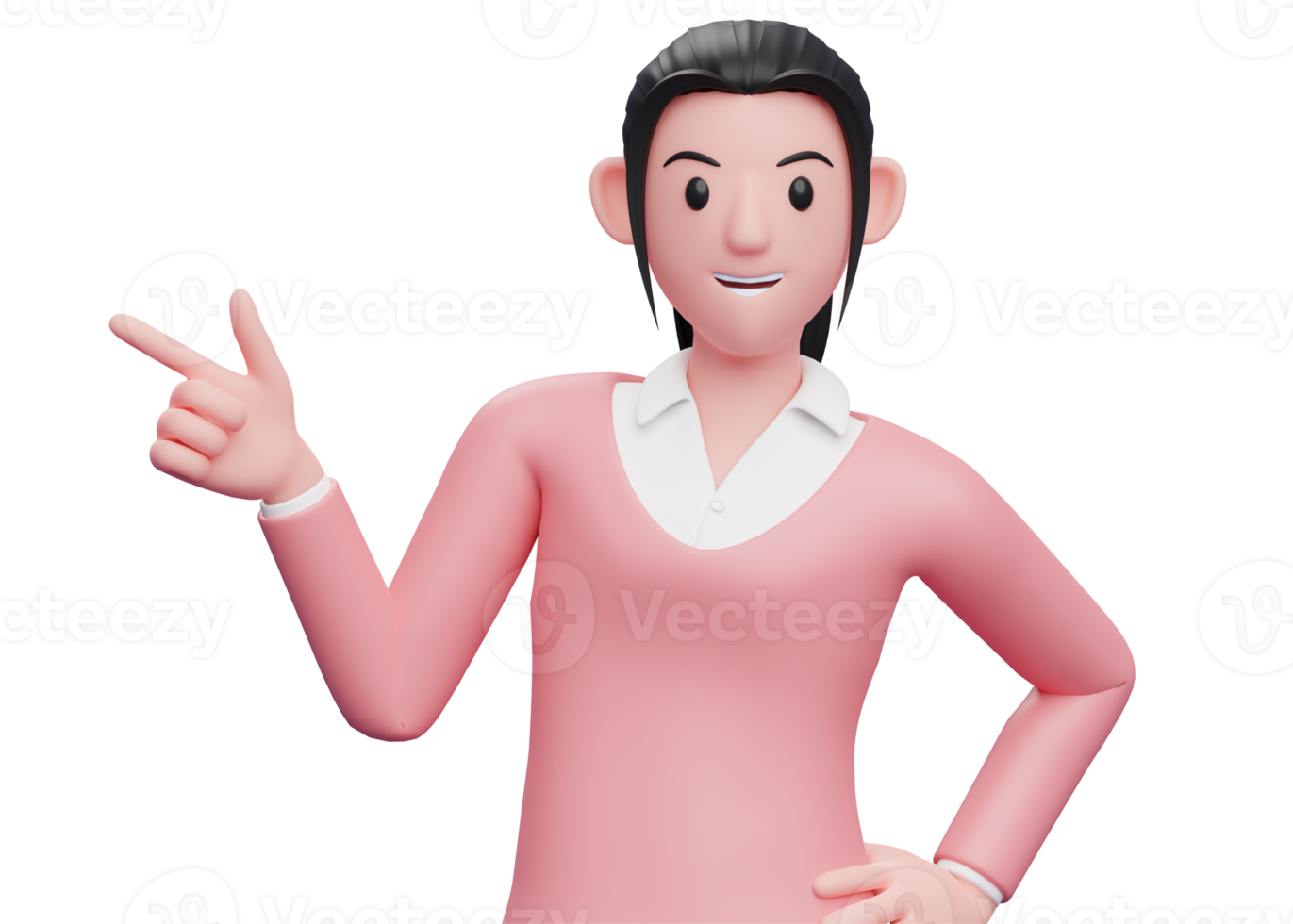 3d sweet girl in pink sweater pointing gun finger to the left, 3D render sweet girl pointing illustration png