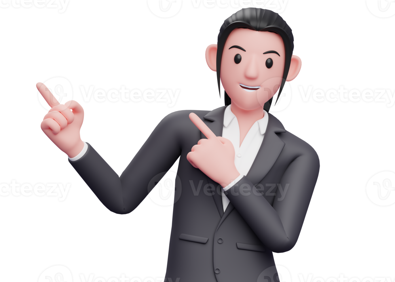 Business woman in formal suit Pointing to the top side with both hands, 3D render smart girl pointing illustration png