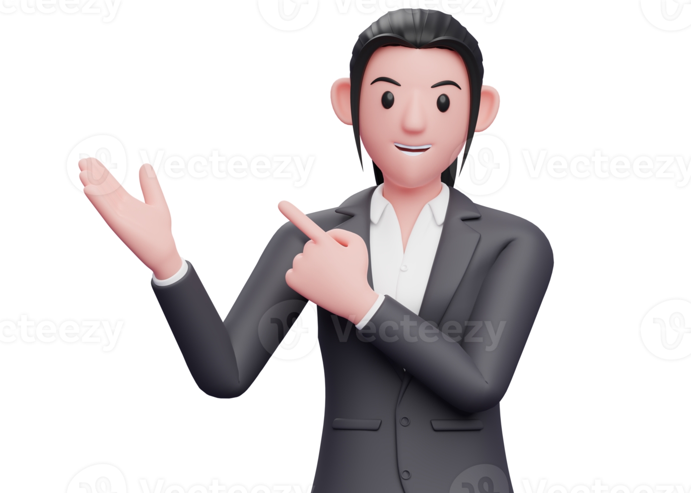 business woman Pointing and recommending poses sideways up, business woman black blazer pointing illustration 3D rendering png