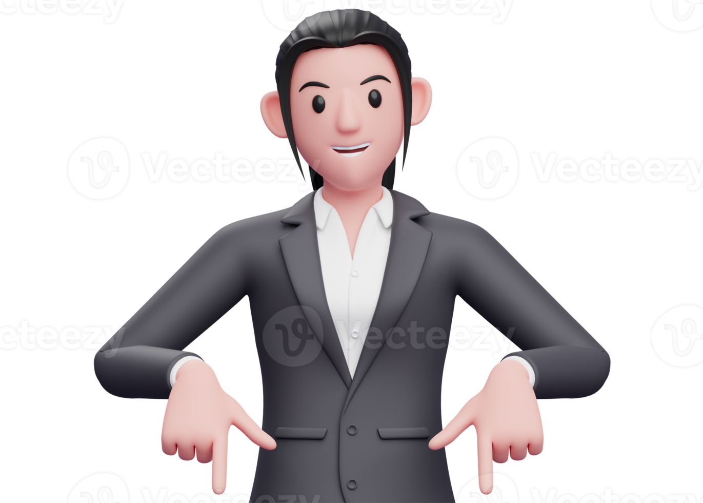 3d business woman pointing down, business woman in formal suit pointing illustration png