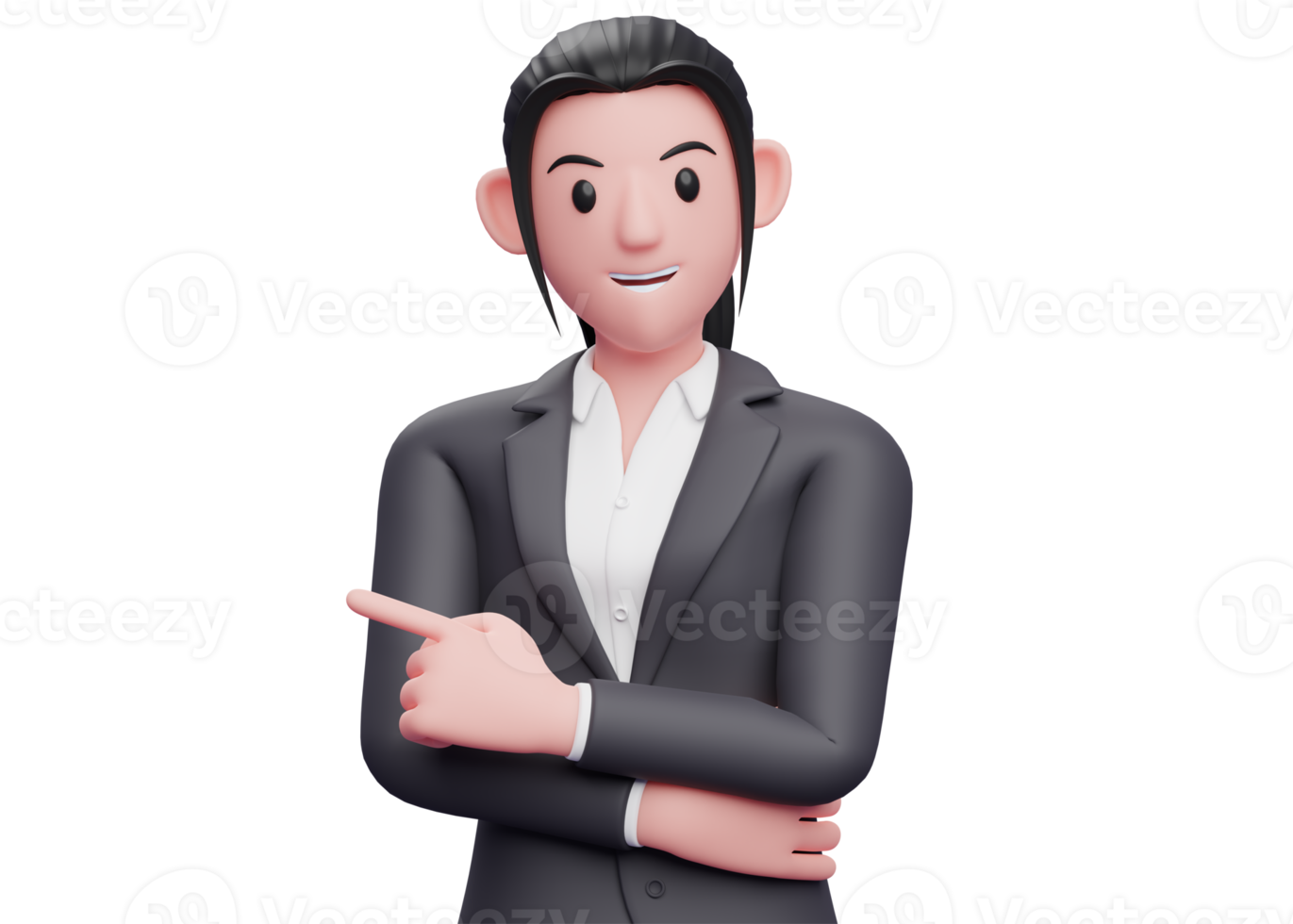 business girl in formal suit pointing to the left and hand crossed on chest, 3D render business woman pointing illustration png