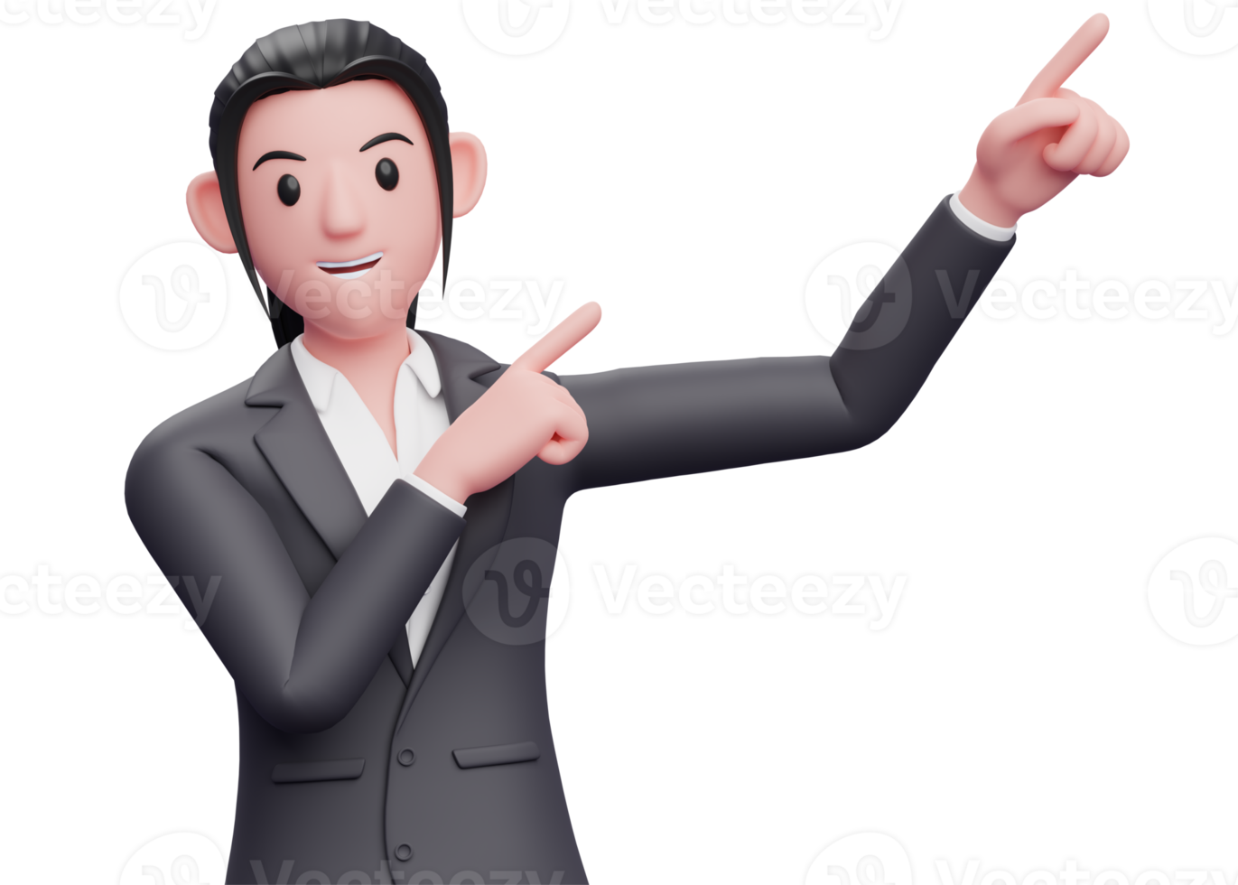 business woman in formal suit raising both hands pointing to the top right corner, business woman in formal suit pointing illustration png