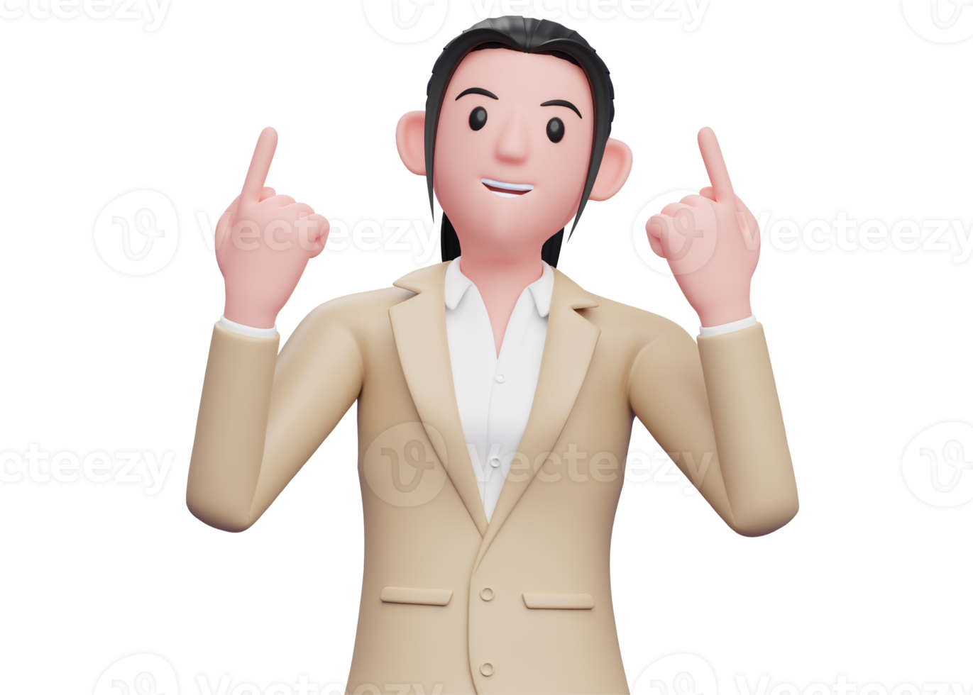 business woman in brown suit raises both index fingers and looks up, 3d illustration of a business woman in a brown suit pointing png