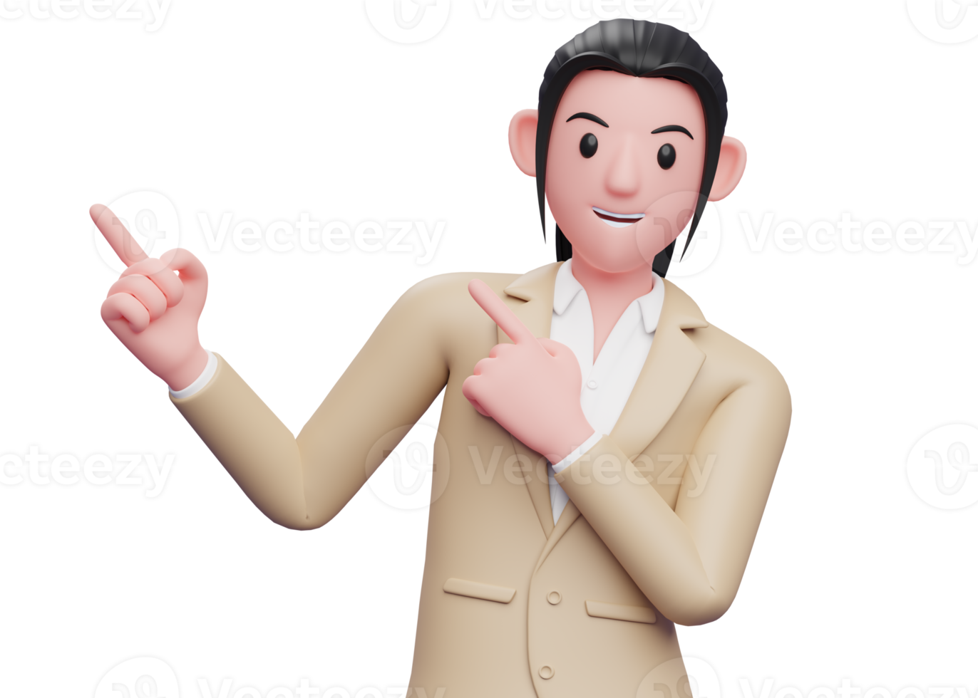 Business woman in brown suit Pointing to the top side with both hands, 3D render smart girl pointing illustration png