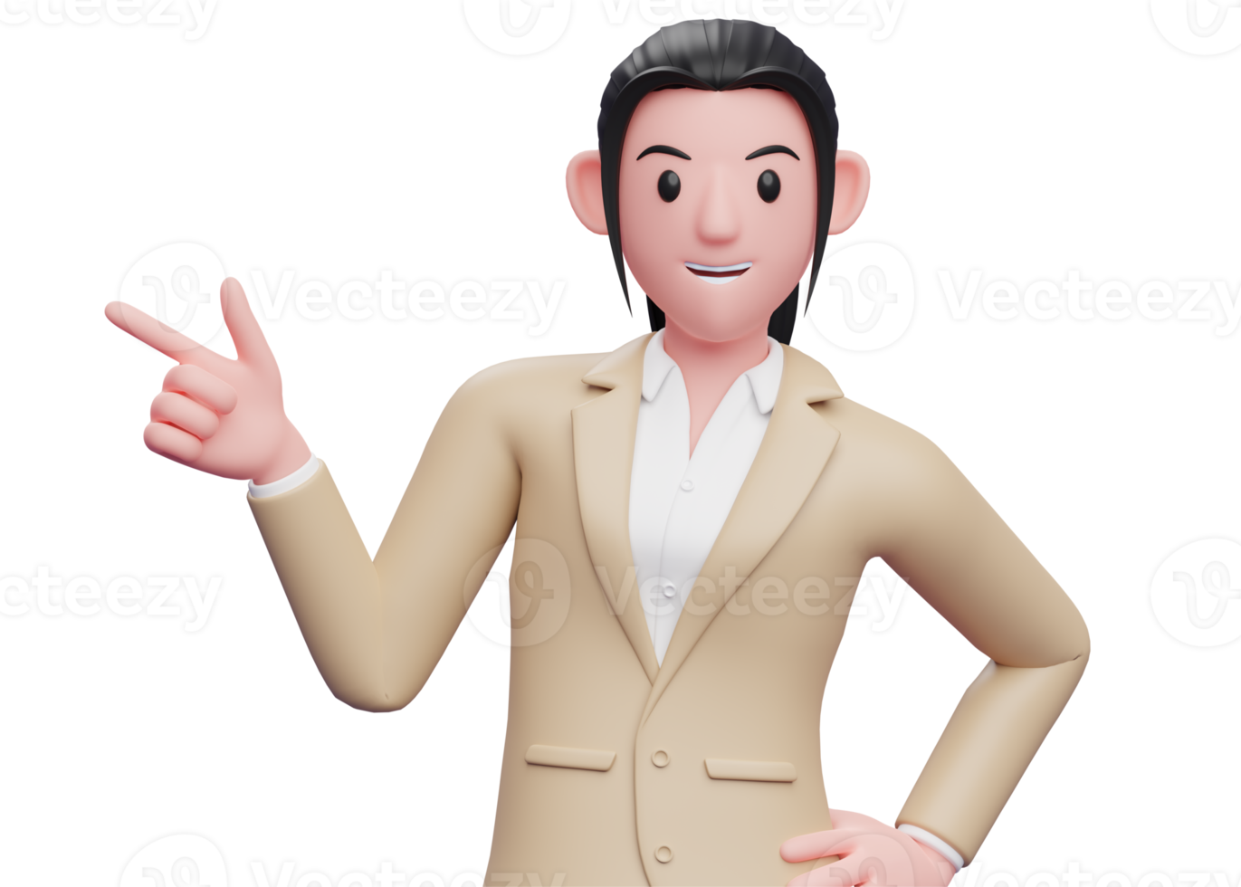 portrait of a business woman in a brown suit pointing gun finger to the left, 3d illustration of a business woman in a brown suit pointing png