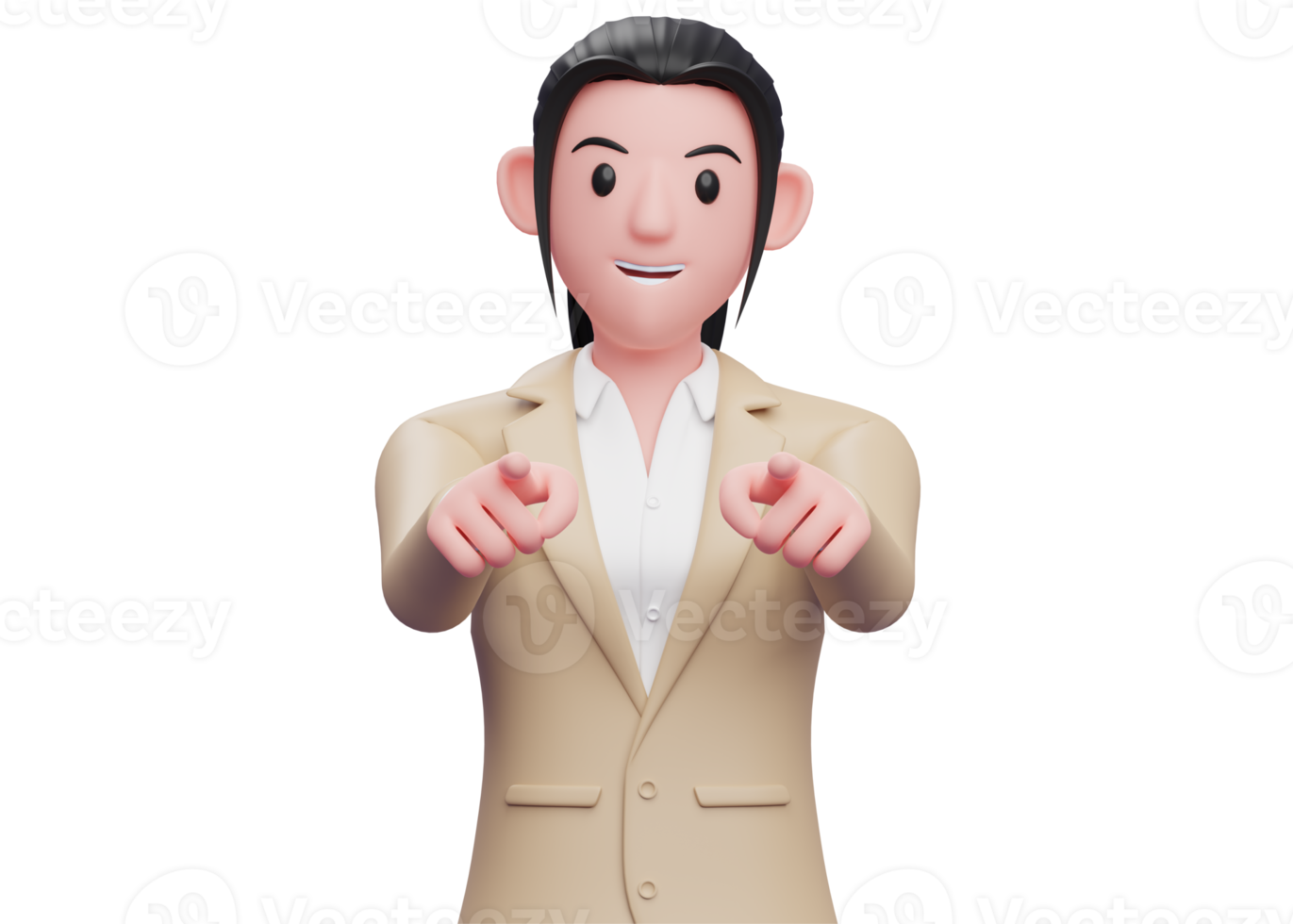 portrait of a business woman in a brown suit pointing to the camera with both hand, 3d illustration of a business woman in a brown suit pointing png