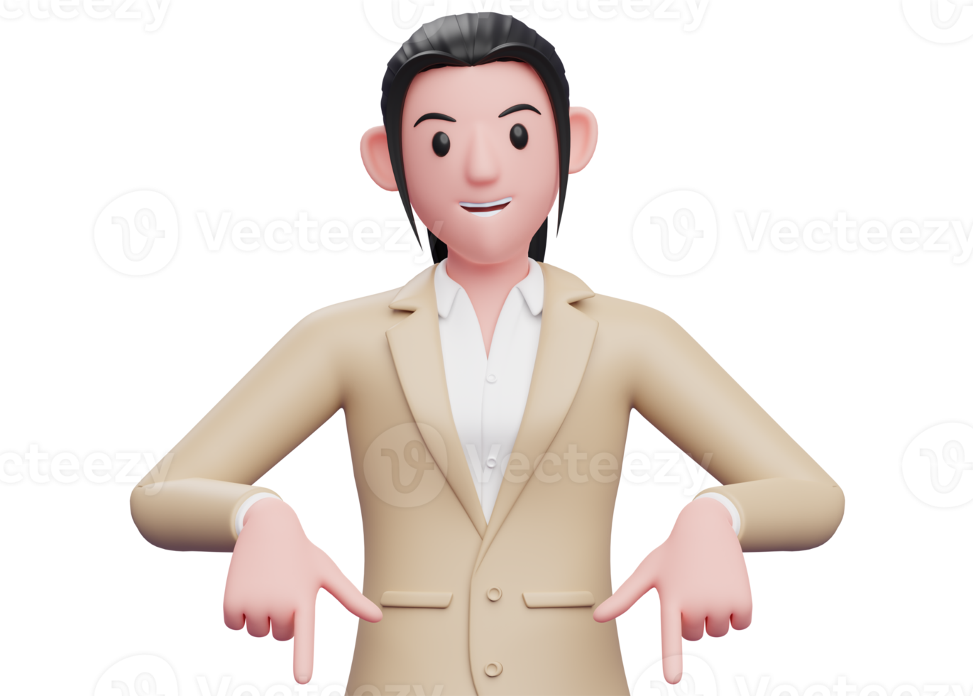 3d business woman pointing down, business woman in brown suit pointing illustration png