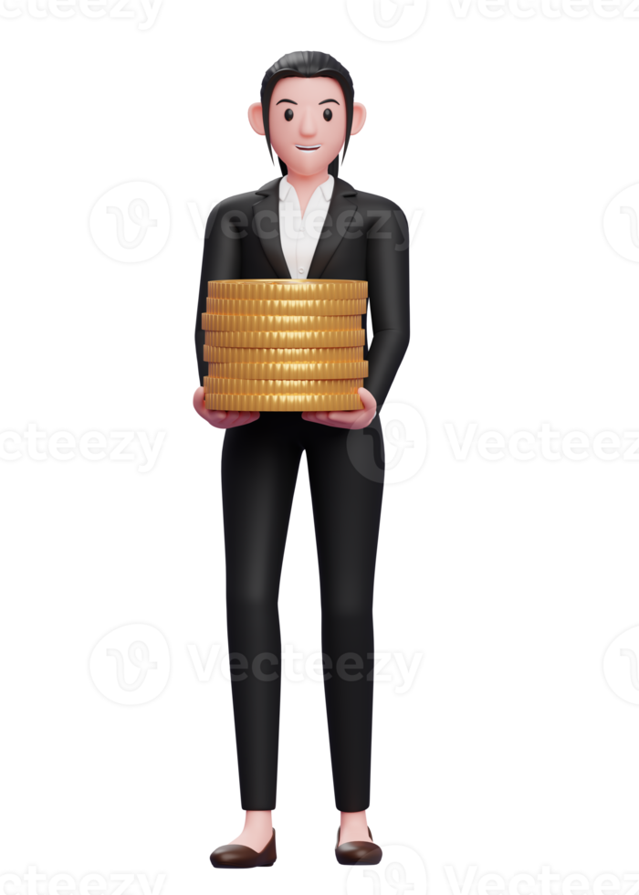 business woman in a black suit carry piles of gold coins, 3d illustration of a business woman in a black suit holding dollar coin png