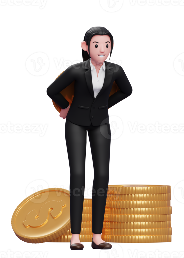 beautiful business woman in a black suit carrying a giant coin on his back, 3d illustration of a business woman in a black suit holding dollar coin png