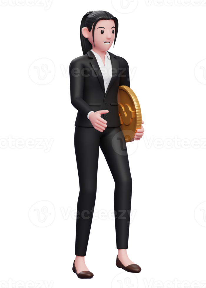 business woman in a black suit walking while carrying coins, 3d illustration of a business woman in a black suit holding dollar coin png