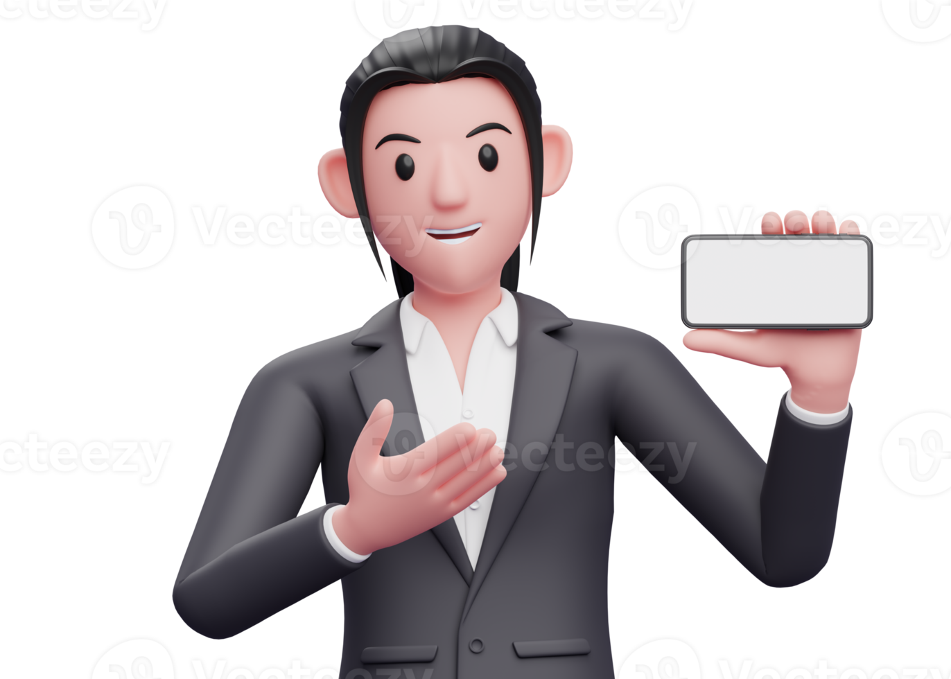 Portrait Business woman in formal suit presenting pose with landscape phone, 3d render close up girl character png