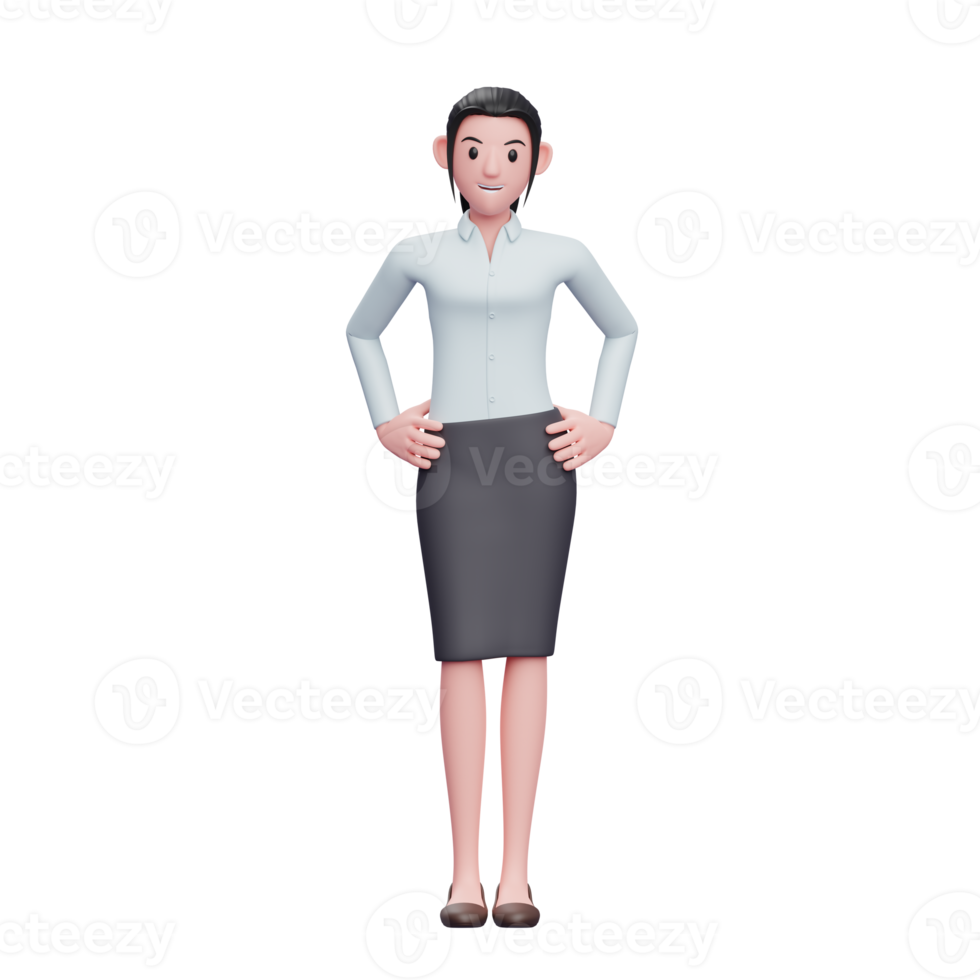 happy Business woman with hand on waist wear skirts and long shirts, 3D render business woman character illustration png