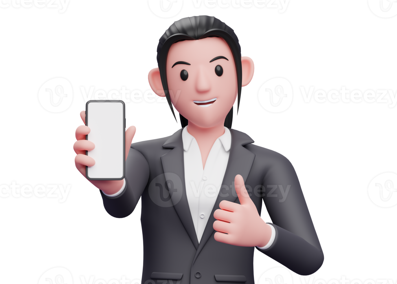 Portrait Business woman in formal suit give thumbs up and showing phone screen to the camera, 3d render close up girl character png