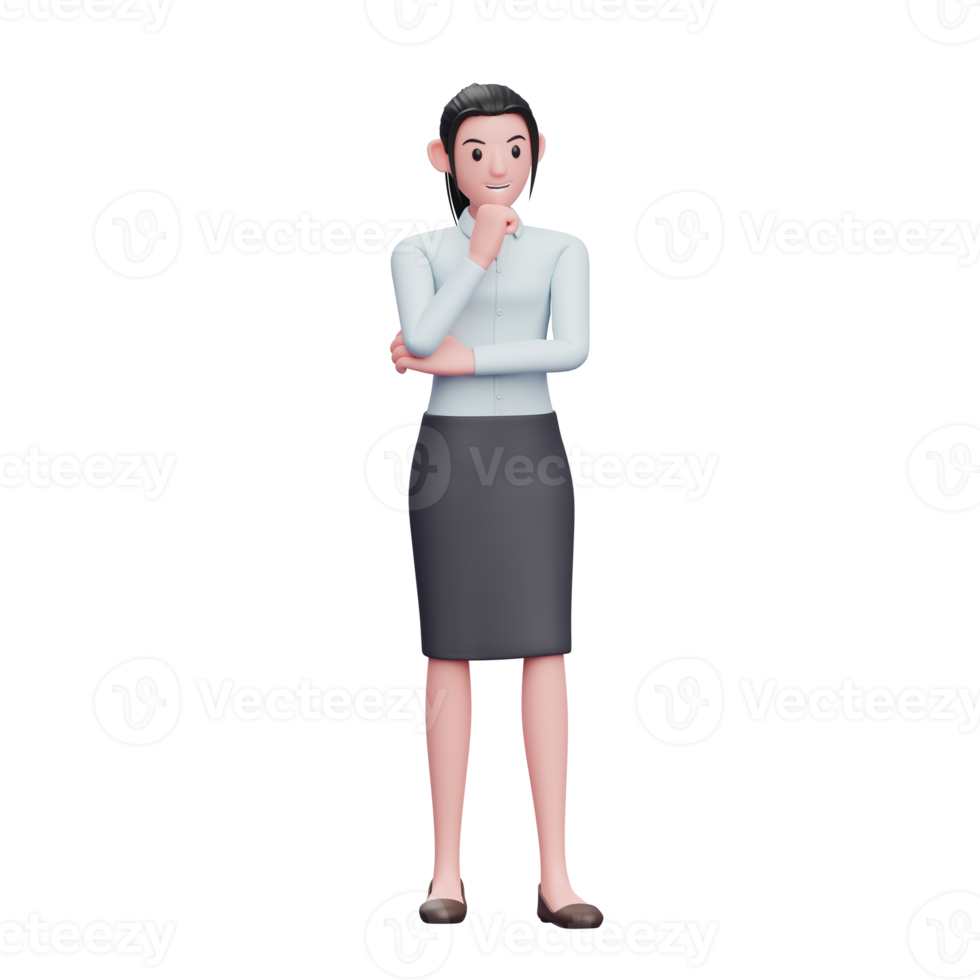 Business woman thinking with fist on chin wear skirts and long shirts, business woman character illustration png