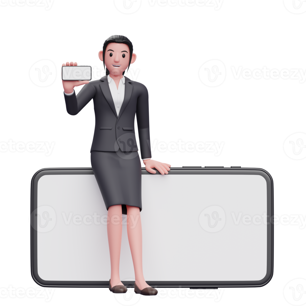 Business woman in formal suit girl sitting on a big phone while showing the landscape phone screen, 3d render character illustration png