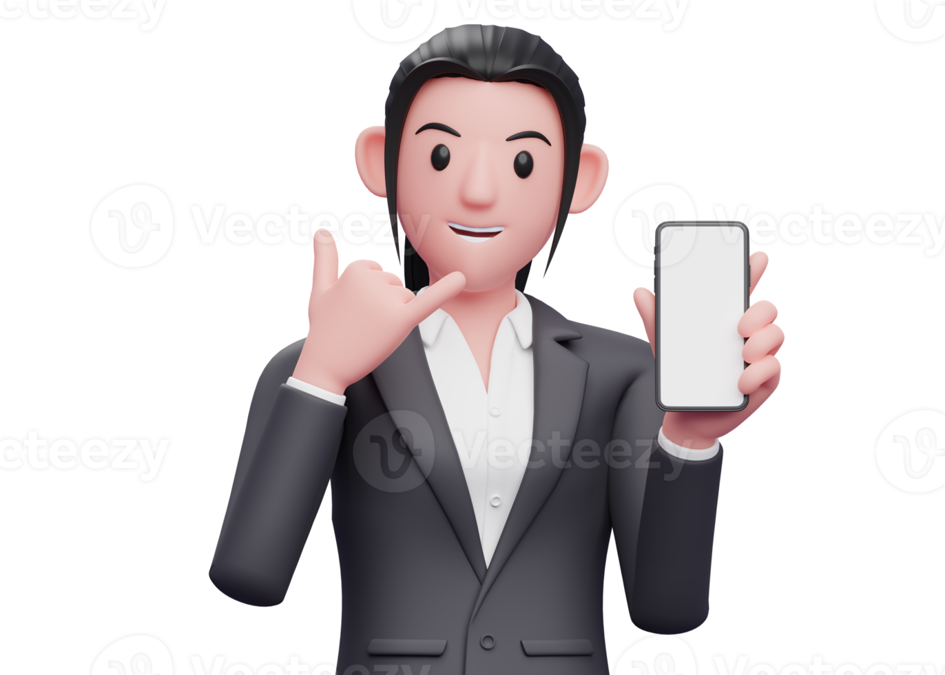 Portrait Business woman in formal suit doing call me sign finger gesture and holding smartphone, 3d render close up girl character png