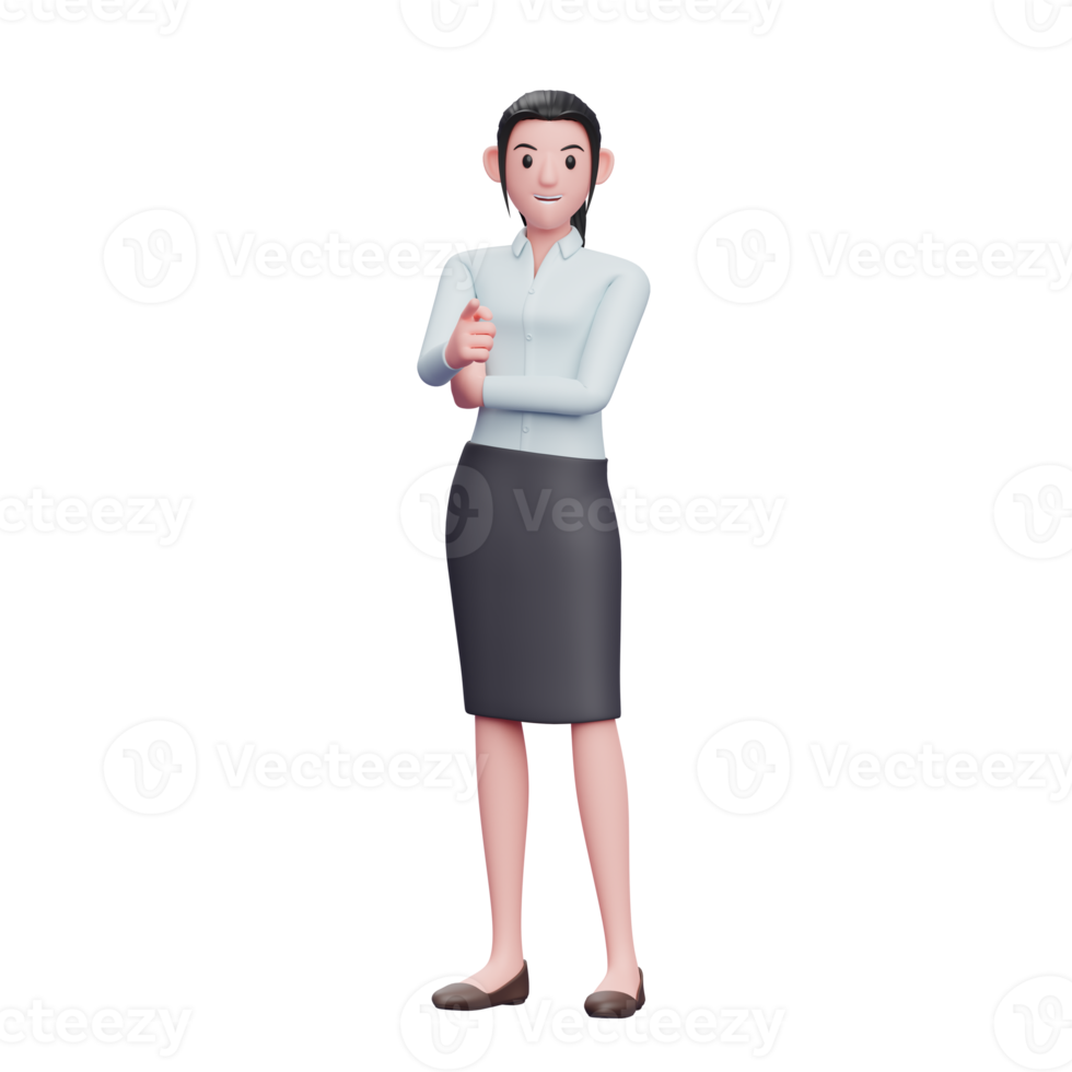 mujer segura apuntando a la cámara, 3d render ilustración de personaje de mujer de negocios png
