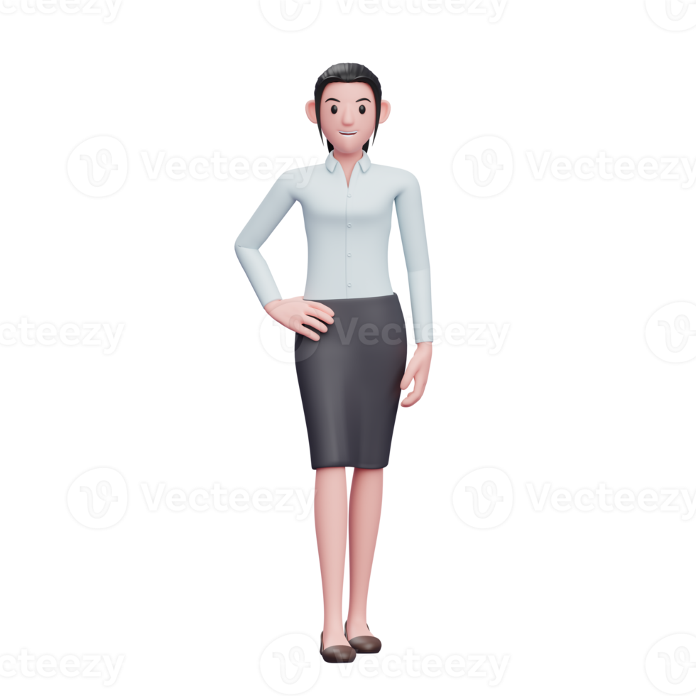 3d cute business woman standing with hand on waist and legs crossed wear skirts and long shirts png