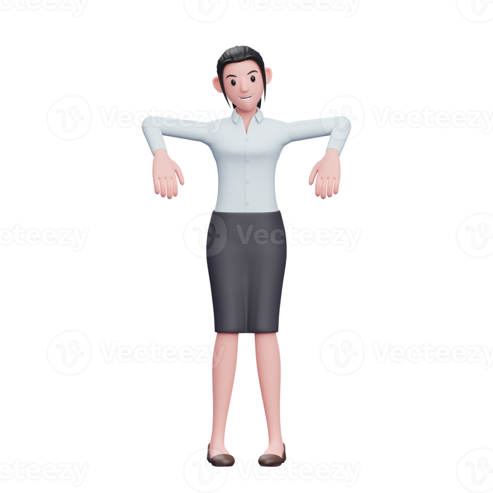 fille portant une chemise longue et une jupe faisant une pose de marionnette, illustration de personnage de femme d'affaires de rendu 3d png