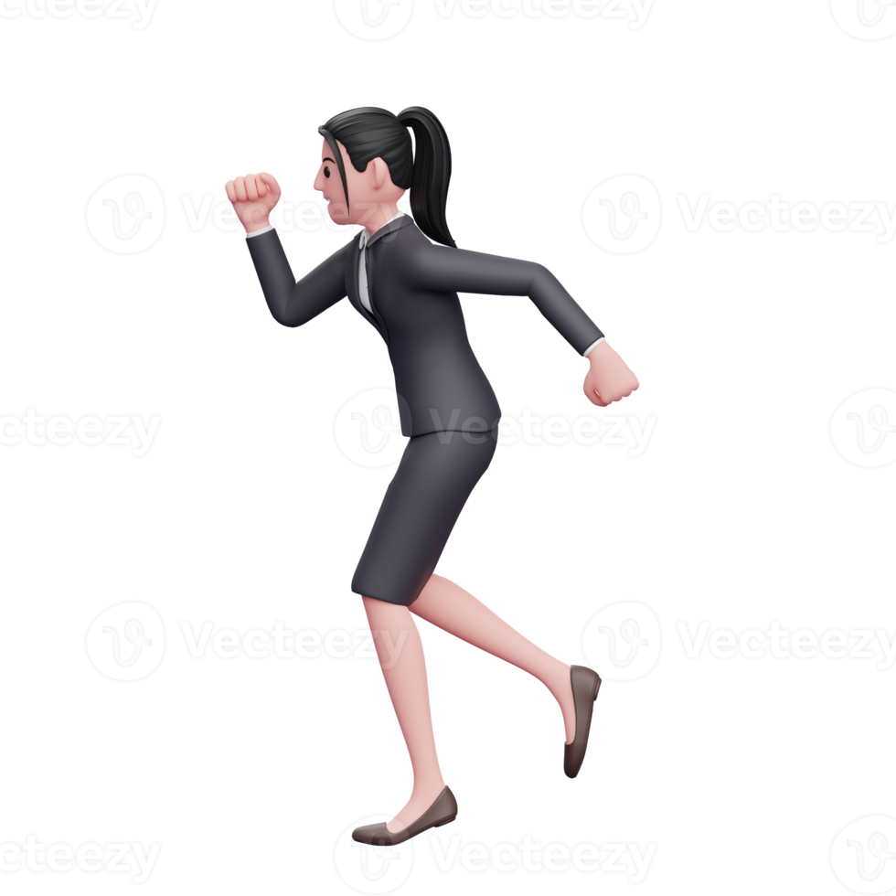 mujer con vestido formal corriendo a toda prisa, ilustración de personaje de mujer de negocios 3d png