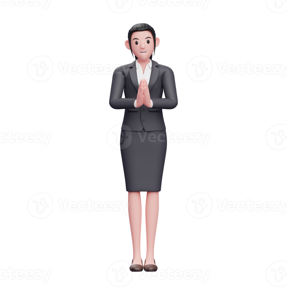 hermosa mujer en ropa formal haciendo gesto namaste, 3d render ilustración de personaje de mujer de negocios png