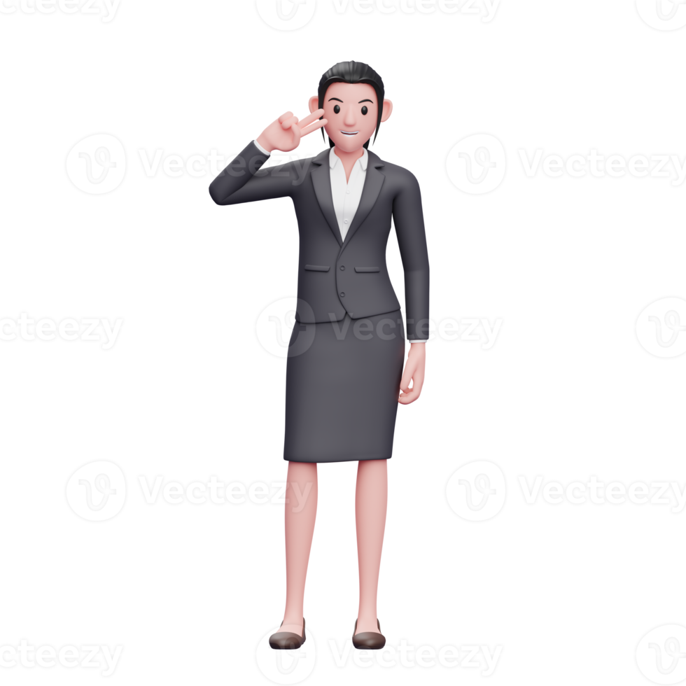 mujer de negocios joven posando dedo de la paz, ilustración de personaje de mujer de negocios 3d png