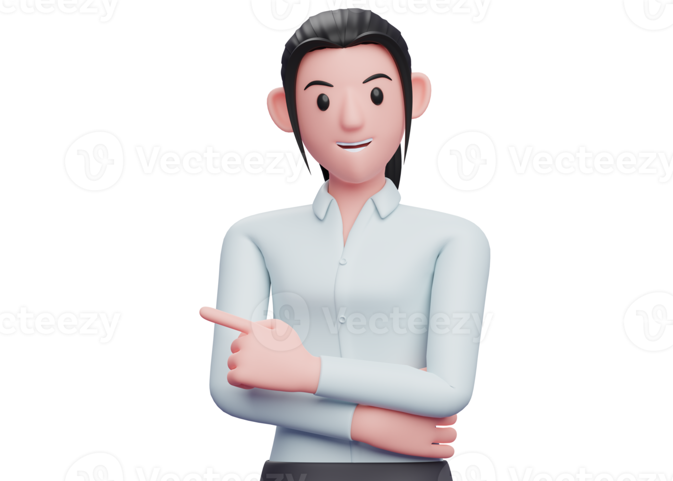 3d Business woman pointing left with index finger and holding one hand crossed on chest, 3D render business woman character illustration png