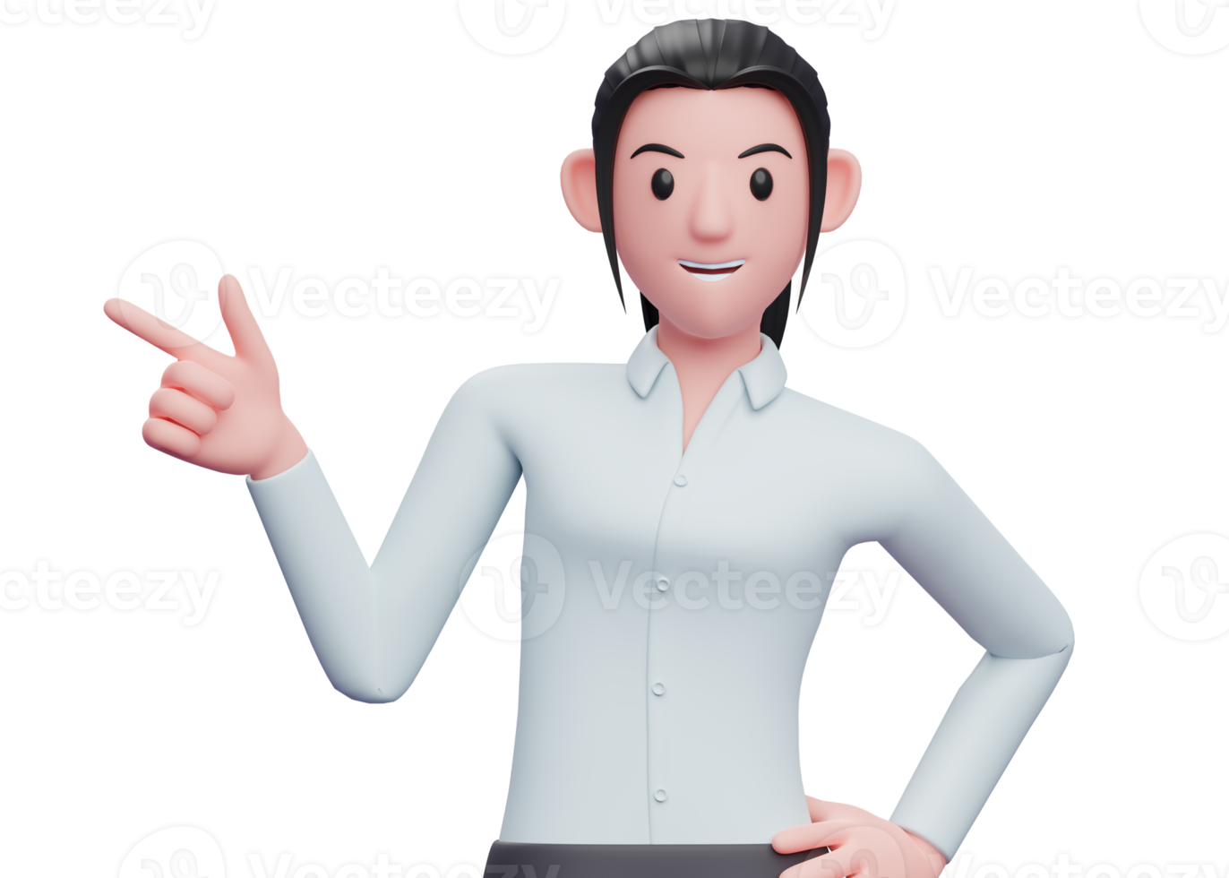 3d Business woman pointing to the side with gun finger and one hand on waist, 3D render business woman character illustration png