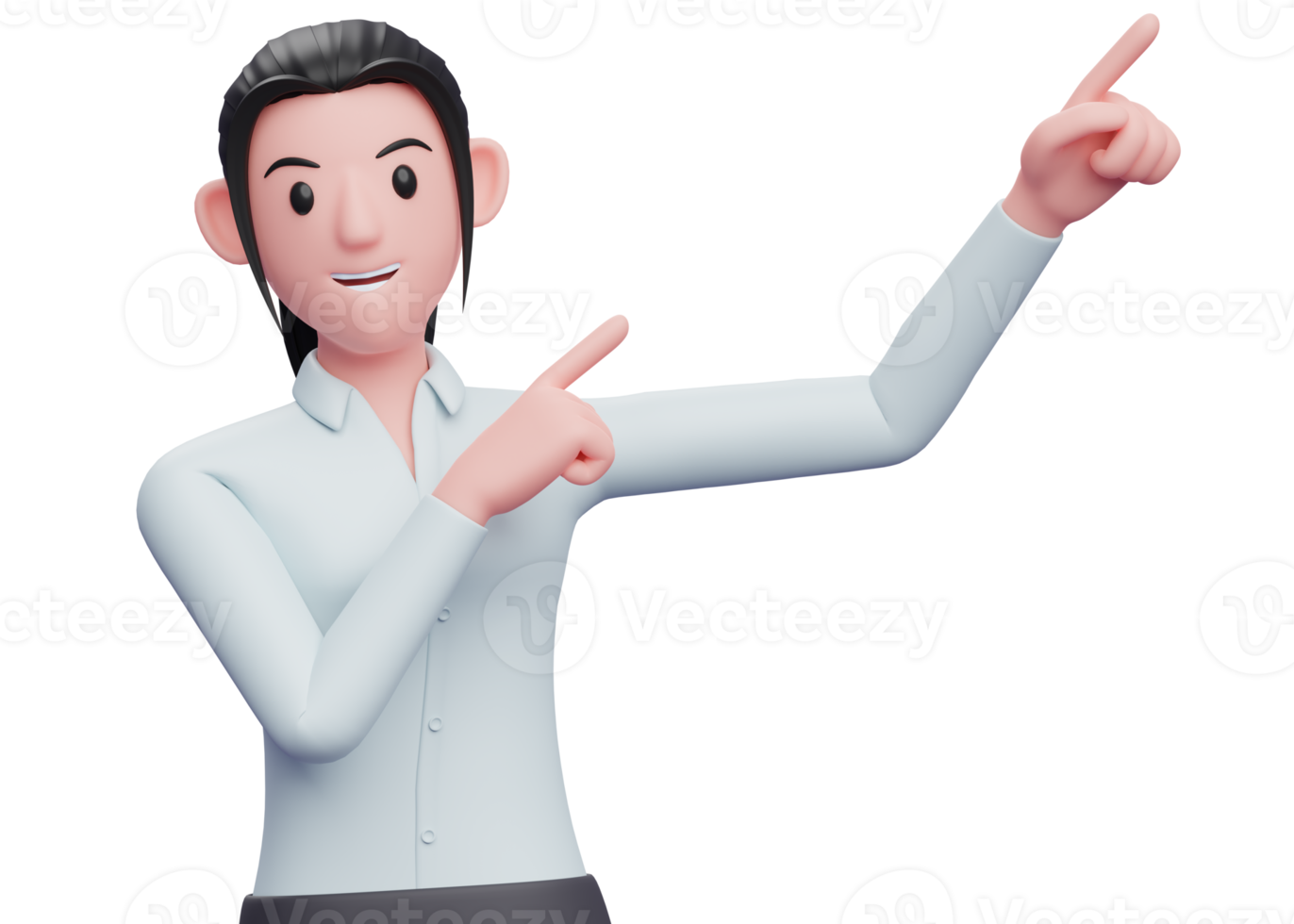 3d Business woman raising both hands pointing to the top right corner, 3D render business woman character illustration png
