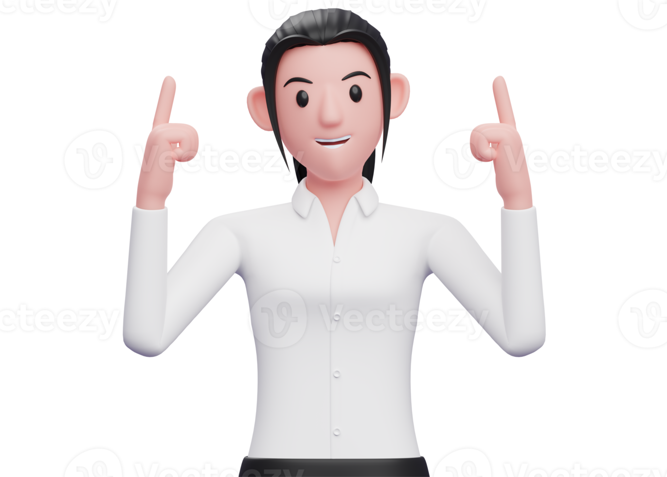 3d mujer de negocios inteligente apuntando dos dedos hacia arriba, mujer de negocios en camisa blanca ilustración de personaje 3d renderizado png