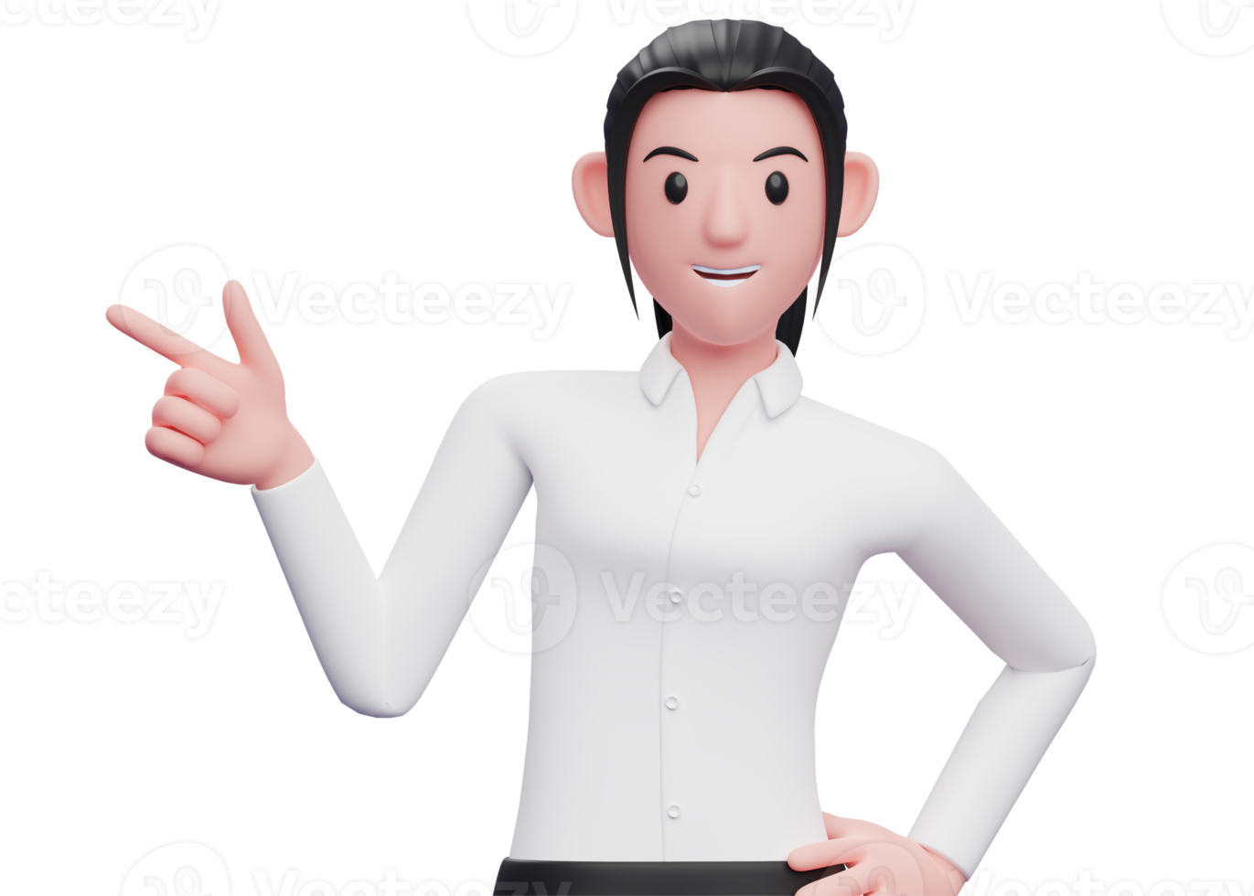 3d Business woman pointing gun finger to the left and one hand on waist, 3D render business woman character illustration png