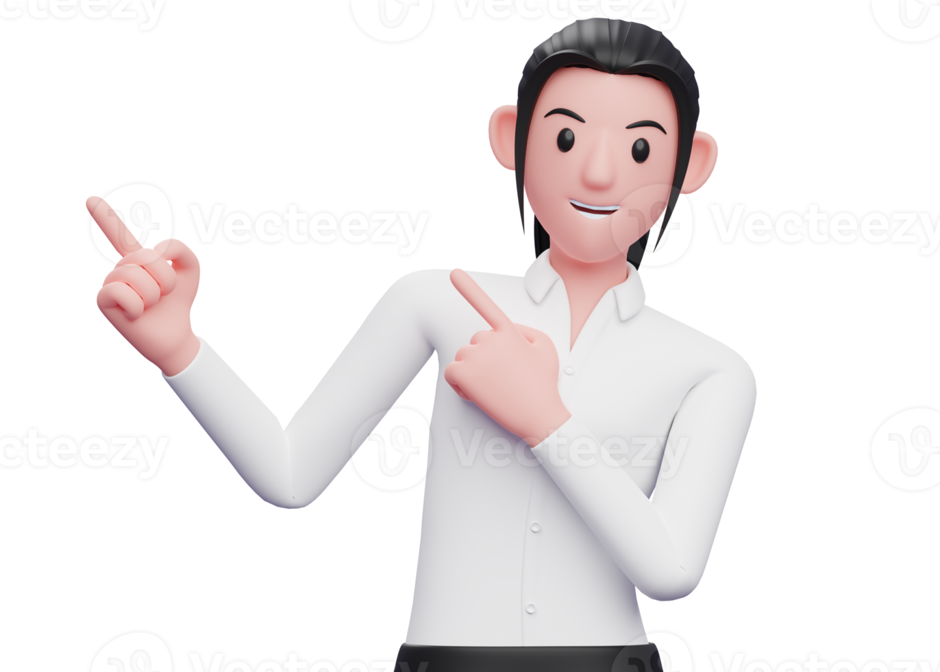 3d Business woman in white shirt Pointing to the top side with both hands, 3D render business woman character illustration png