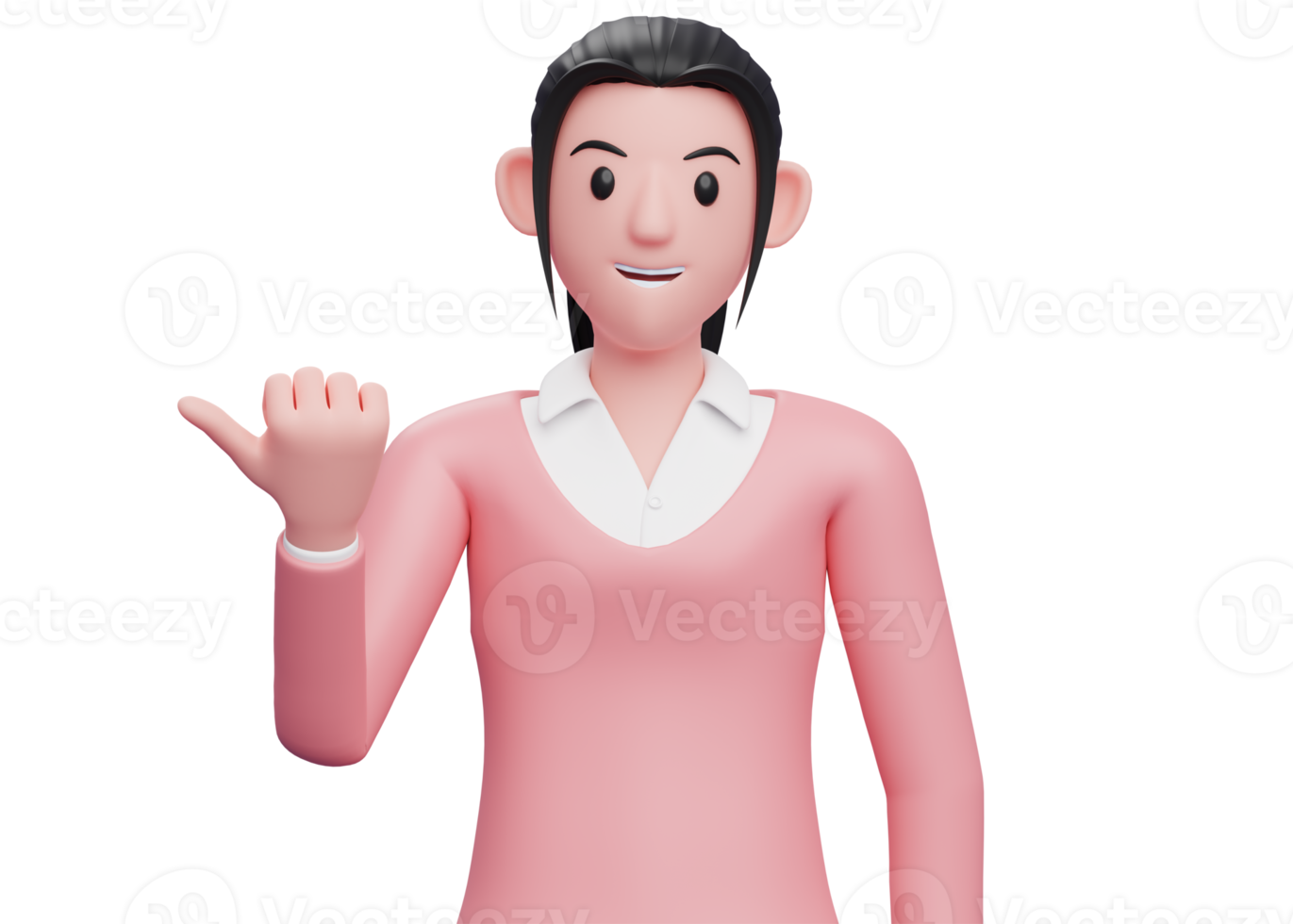 Sweet girl in sweatshirt pointing with thumb aside looking at the camera, 3D render business woman character illustration png