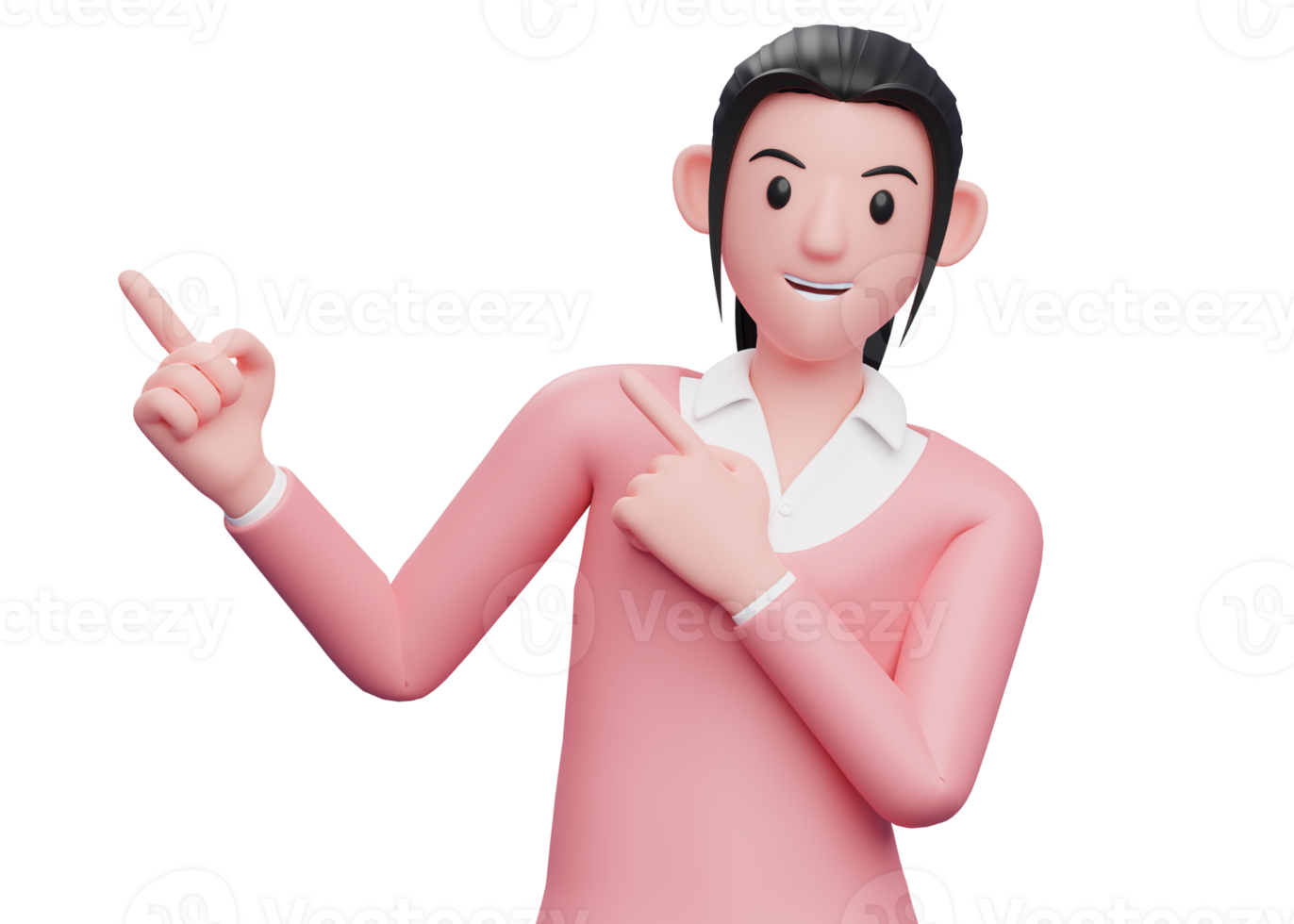 süßes Mädchen in rosafarbenem Pullover, das mit beiden Händen auf die Oberseite zeigt, 3D-Rendering süßes Mädchen, das Charakterillustration zeigt png