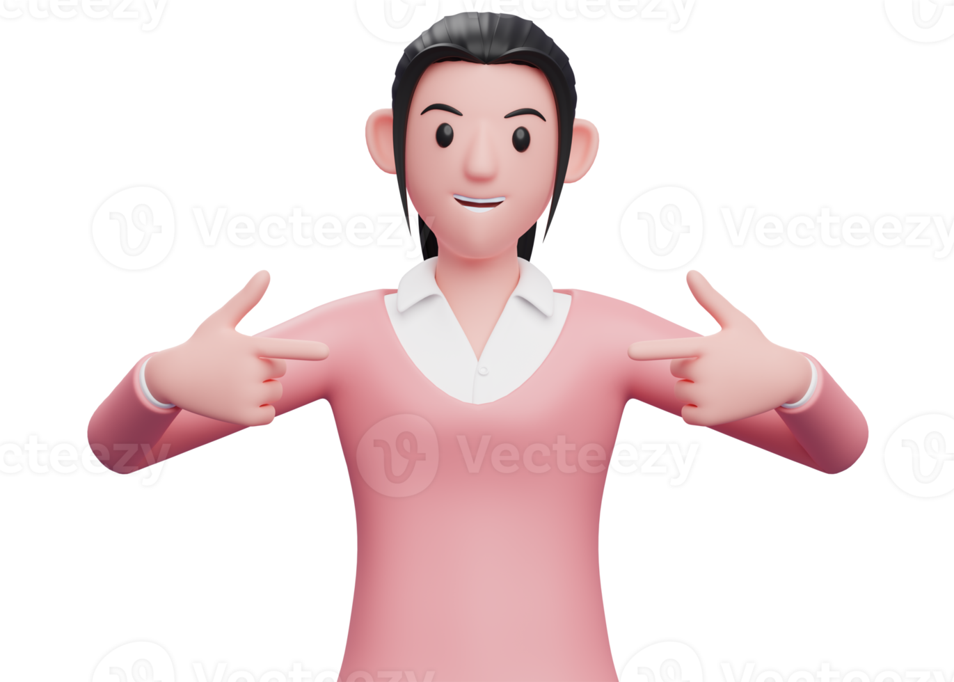 sweet girl pointing self, 3D render beautiful woman wearing pink sweater character illustration png