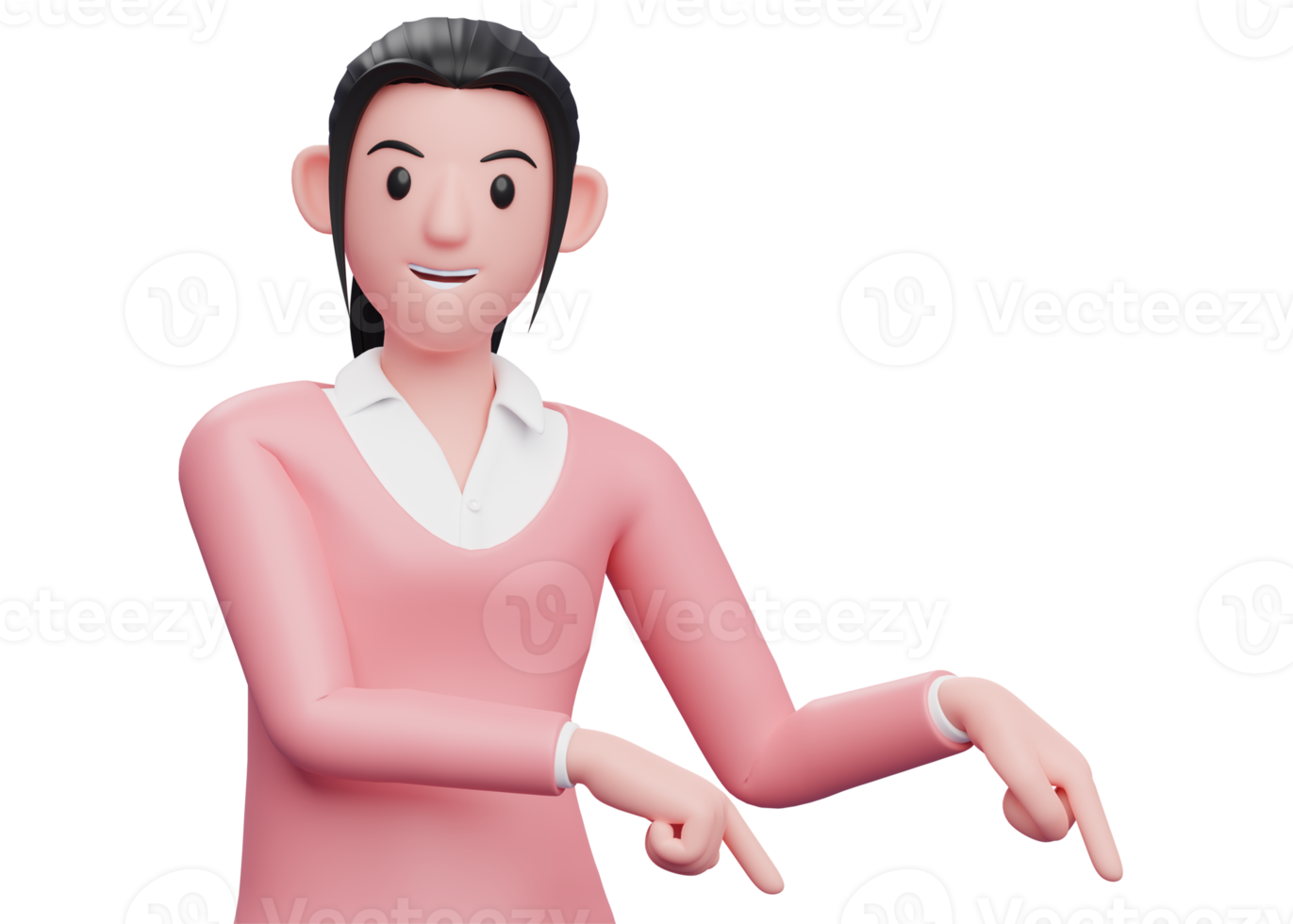 3d sweet girl in pink sweater pointing to bottom right corner suggesting audience to subscribe, 3D render sweet girl character illustration png
