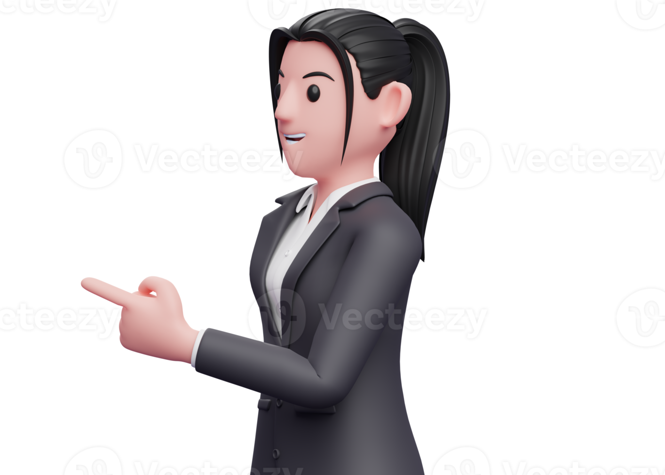 garota virada de lado e apontando, mulher de negócios em ilustração de terno formal preto renderização em 3d png