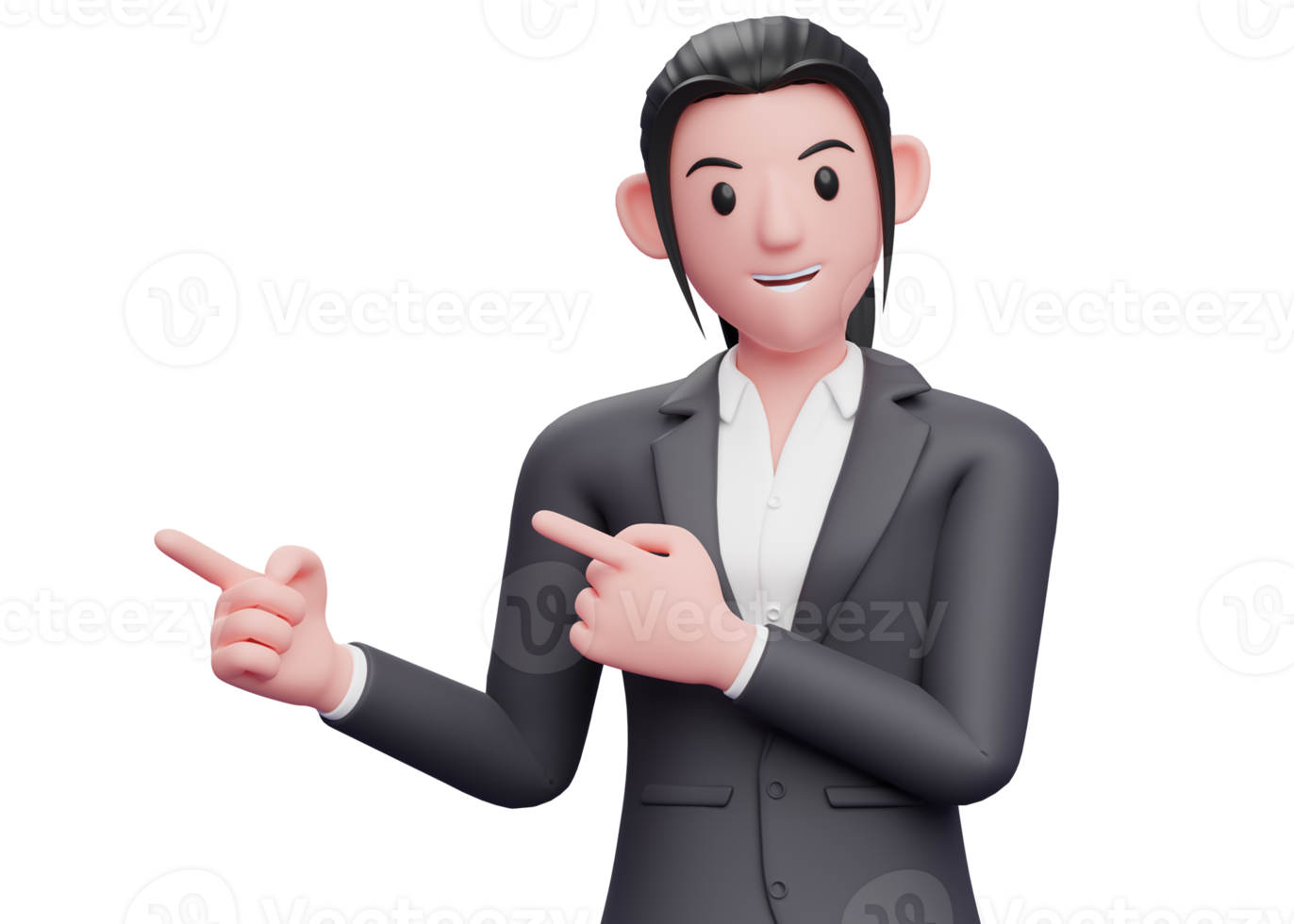 woman in formal suit pointing to the side with both fingers, smart business woman pointing illustration 3D rendering png